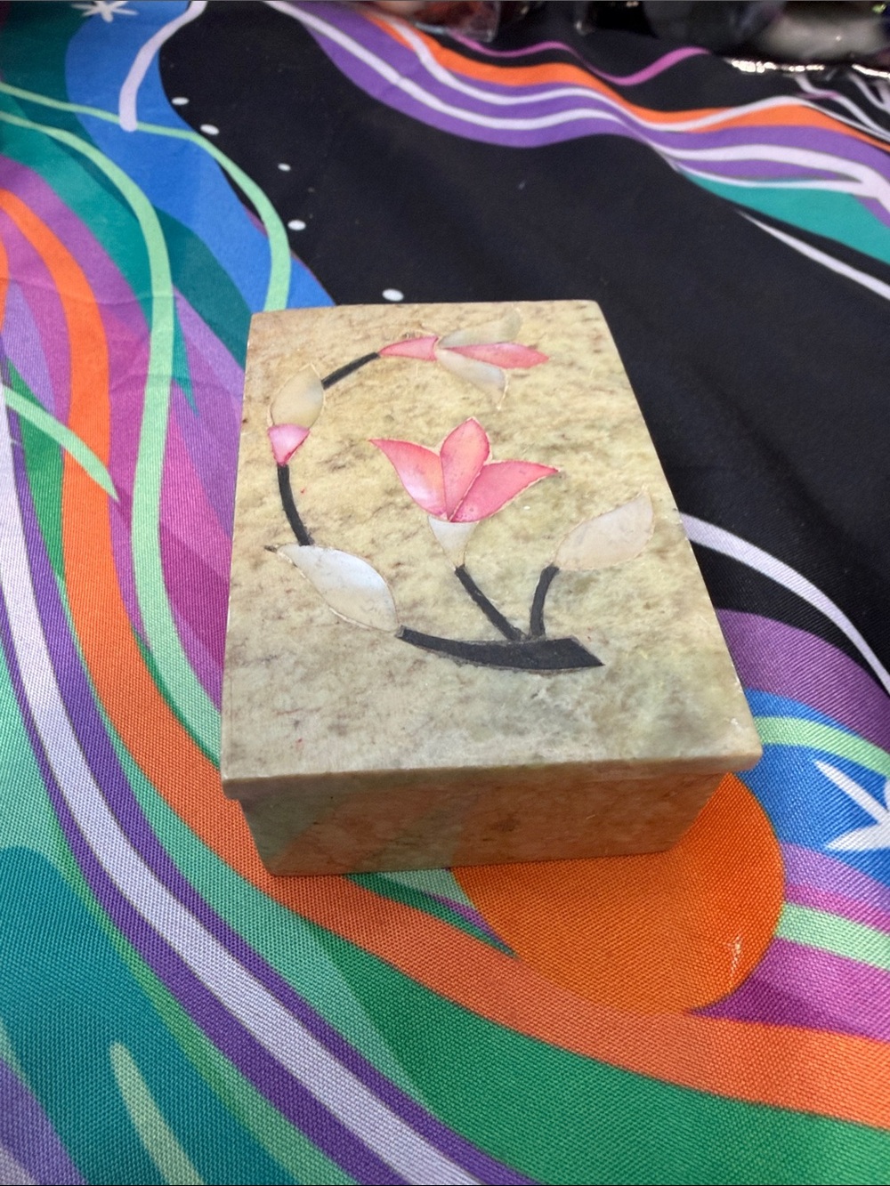 Stone Trinket Box with Pink Floral Inlay